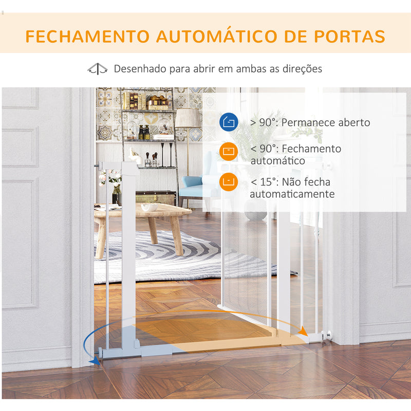 Barreira de Segurança para Cães Extensível 75-103 cm Barreira para Escada e Portas com 2 Extensões Duplo Bloqueio Fechamento Automático Branco