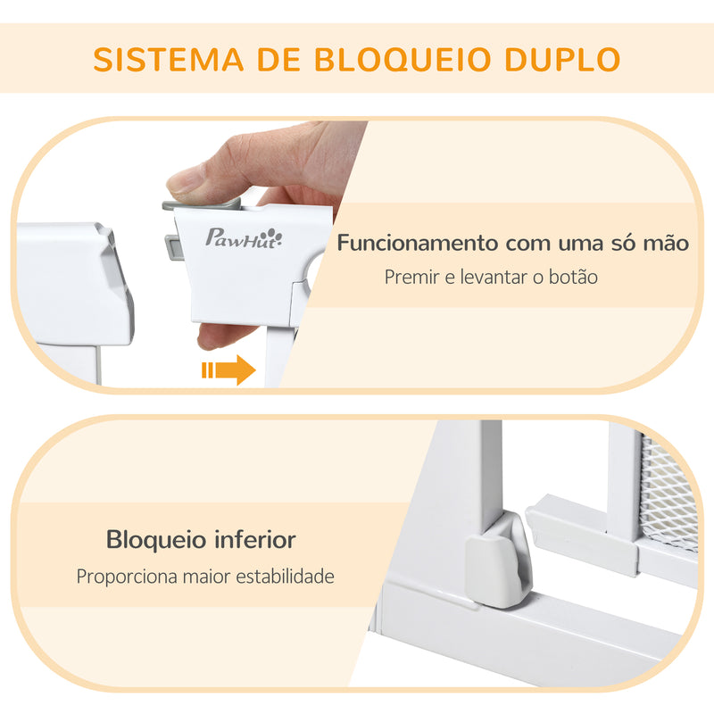 Barreira de Segurança para Cães Extensível 75-103 cm Barreira para Escada e Portas com 2 Extensões Duplo Bloqueio Fechamento Automático Branco