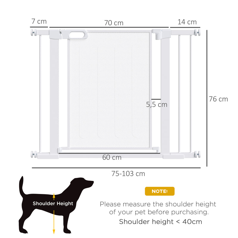 Barreira de Segurança para Cães Extensível 75-103 cm Barreira para Escada e Portas com 2 Extensões Duplo Bloqueio Fechamento Automático Branco