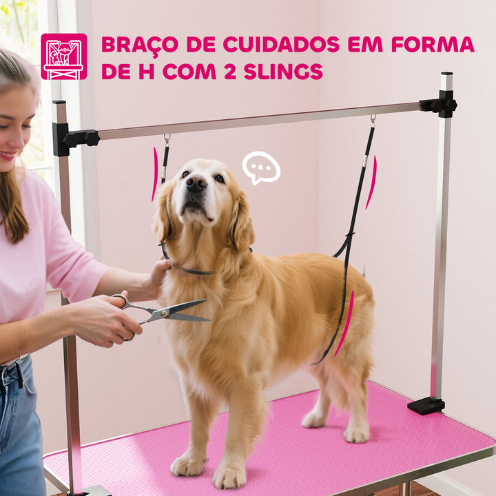 Mesa de Tosquia para Cães Dobrável Mesa de Higiene com Prateleira Metálica Superfície Antiderrapante Barra de Aço Inoxidável Ajustável para Cães e Gatos 107x60x164 cm Rosa