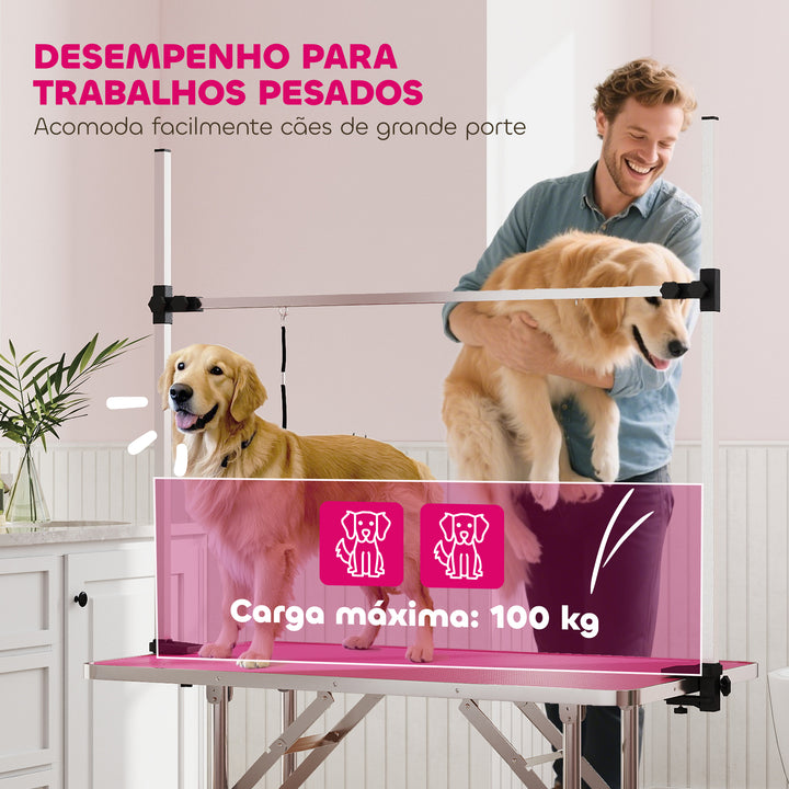 Mesa de Tosquia para Cães Dobrável Mesa de Higiene com Prateleira Metálica Superfície Antiderrapante Barra de Aço Inoxidável Ajustável para Cães e Gatos 107x60x164 cm Rosa