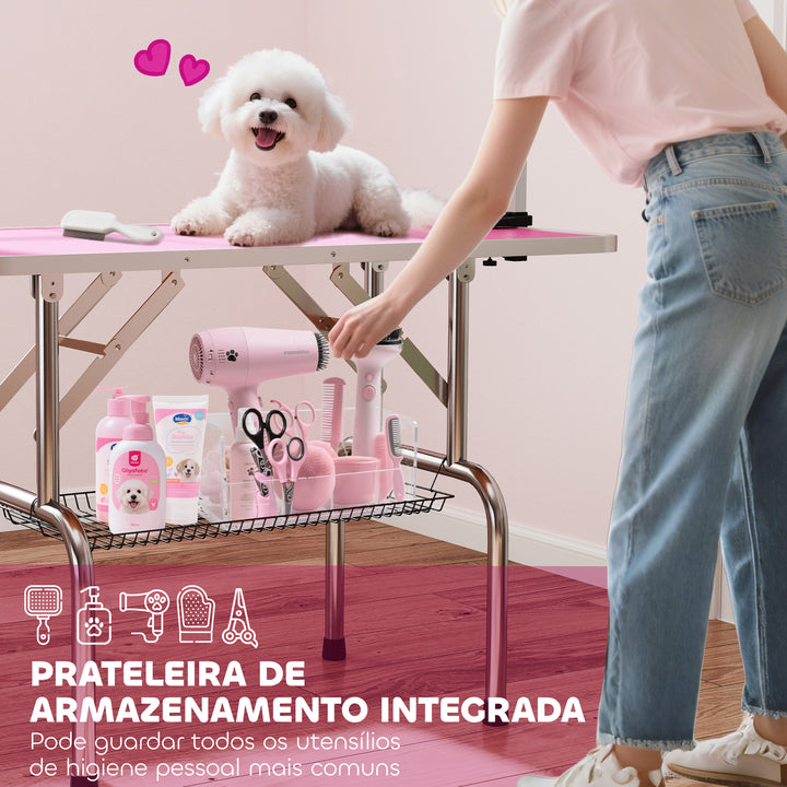 Mesa de Tosquia para Cães Dobrável Mesa de Higiene com Prateleira Metálica Superfície Antiderrapante Barra de Aço Inoxidável Ajustável para Cães e Gatos 107x60x164 cm Rosa