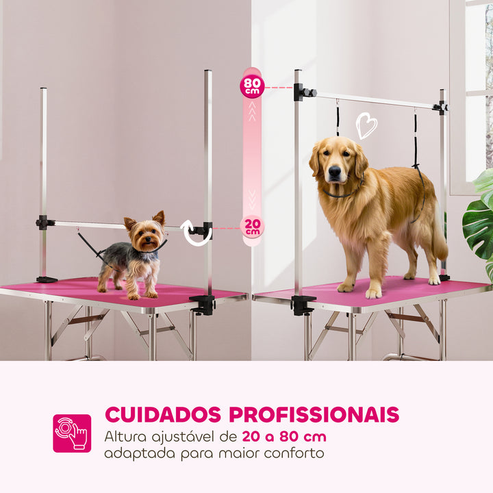 Mesa de Tosquia para Cães Dobrável Mesa de Higiene com Prateleira Metálica Superfície Antiderrapante Barra de Aço Inoxidável Ajustável para Cães e Gatos 107x60x164 cm Rosa