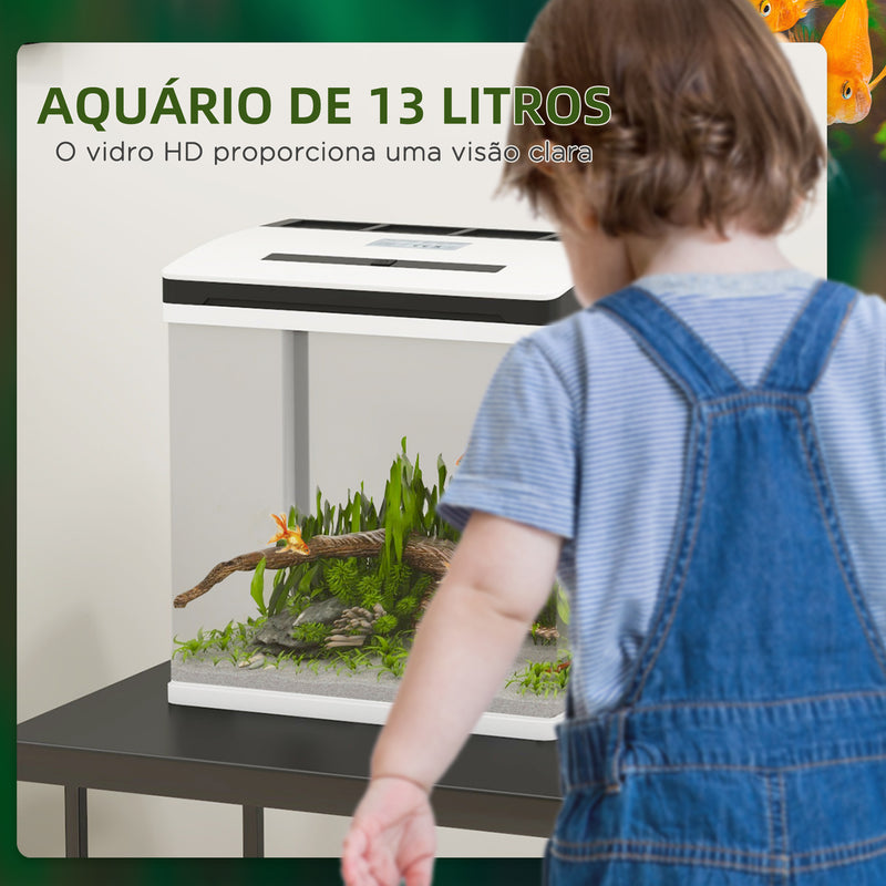 Aquário de Cristal de 13L Aquário Pequeno com Sistema de Filtração Iluminação LED e Bomba de Água 29x20x30,5 cm Branco