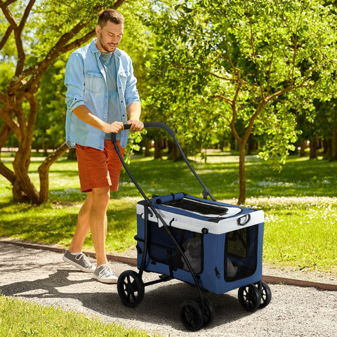 Carrinho para Animais de Estimação Carrinho para Cães Dobrável com Compartimento Desmontável 4 Portas com Fecho de Correr 2 Correias de Segurança e de Transporte 81x58x97,5 cm Azul