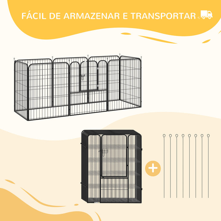 Parque para animais de estimação com 8 Varas Dobrável com Porta e Dupla Trava 79x100cm Preto