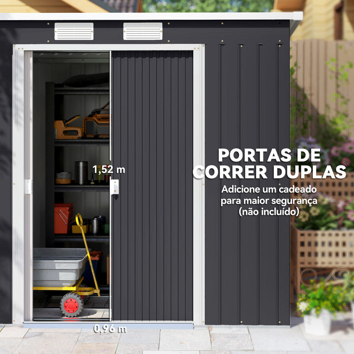 Abrigo de Jardim 213x130x173 cm Abrigo de Exterior de Aço Galvanizado com Porta Corredeira e Ventilações para Armazenamento de Ferramentas Cinza Escuro