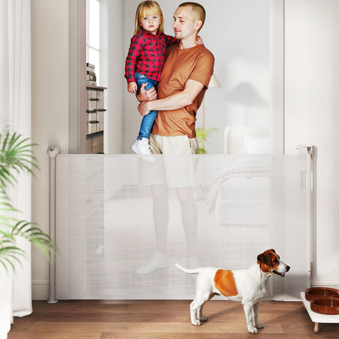 Barreira para Cães Retrátil 0-144 cm Barreira para Cães Pequenos Extensível Barreira de Segurança para Animais de Estimação com Fecho para Escadas Portas Corredores Branco