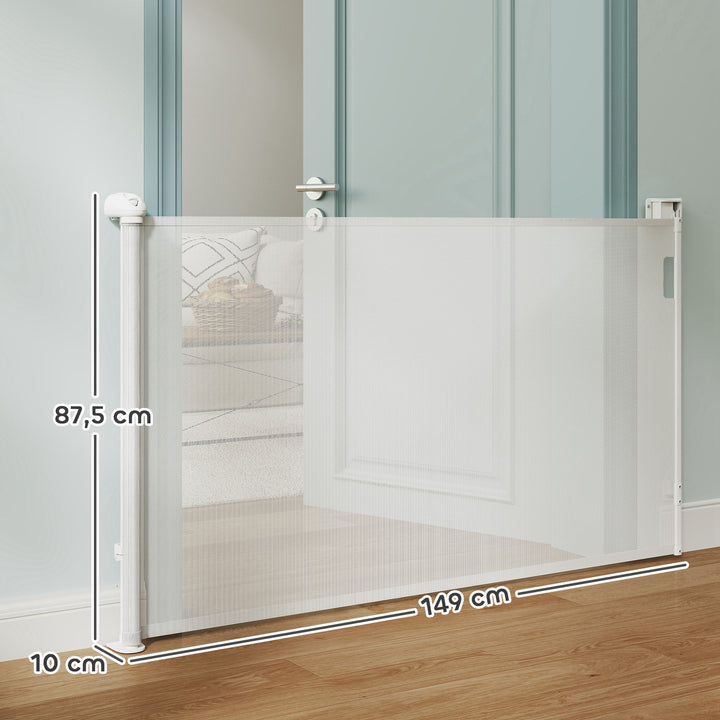 Barreira para Cães Retrátil 0-144 cm Barreira para Cães Pequenos Extensível Barreira de Segurança para Animais de Estimação com Fecho para Escadas Portas Corredores Branco