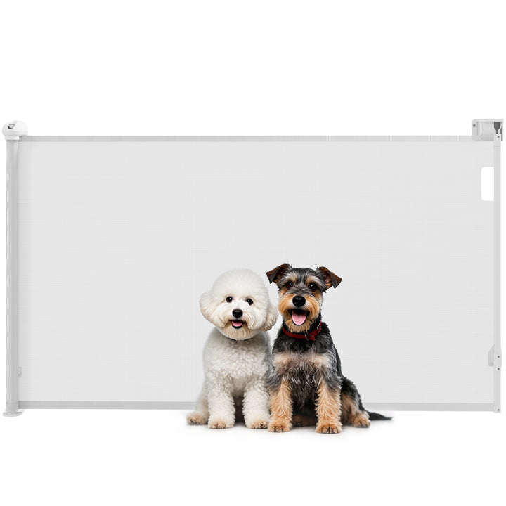 Barreira para Cães Retrátil 0-144 cm Barreira para Cães Pequenos Extensível Barreira de Segurança para Animais de Estimação com Fecho para Escadas Portas Corredores Branco