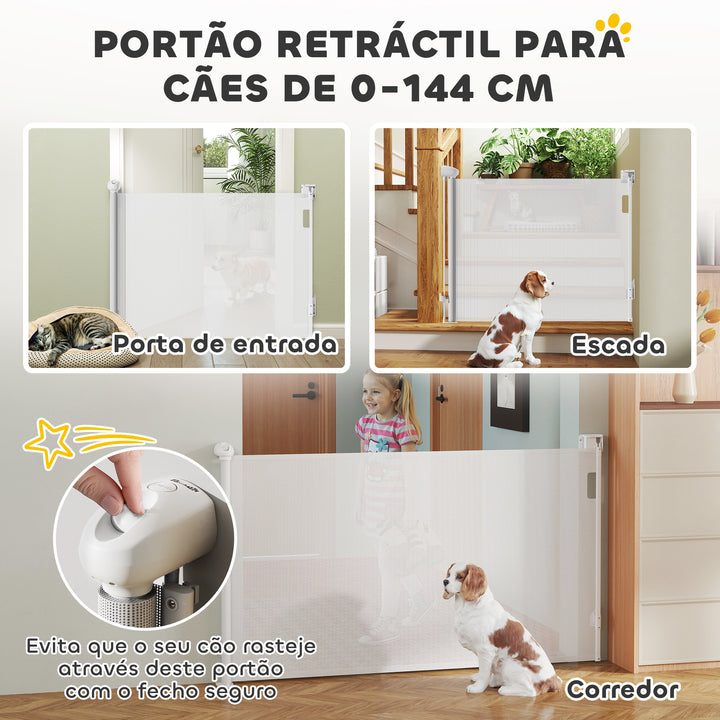 Barreira para Cães Retrátil 0-144 cm Barreira para Cães Pequenos Extensível Barreira de Segurança para Animais de Estimação com Fecho para Escadas Portas Corredores Branco