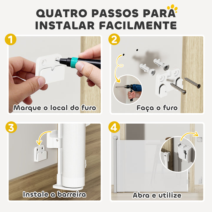 Barreira para Cães Retrátil 0-144 cm Barreira para Cães Pequenos Extensível Barreira de Segurança para Animais de Estimação com Fecho para Escadas Portas Corredores Branco