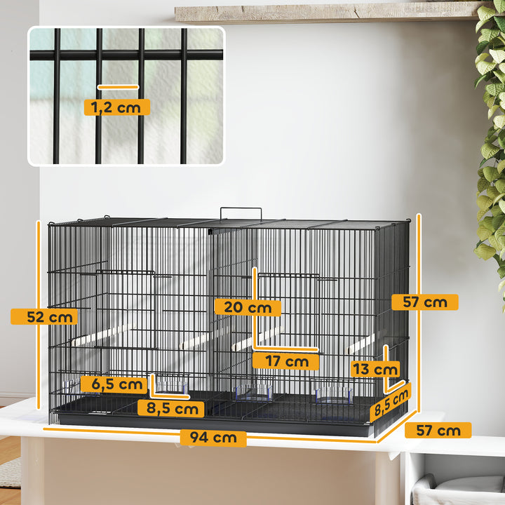 Gaiolaa para Pássaros com Divisória Gaiola para Aves Papagaios e Canários com Comedouros Poleiros e Bandeja Removível 94x57x57 cm Preto