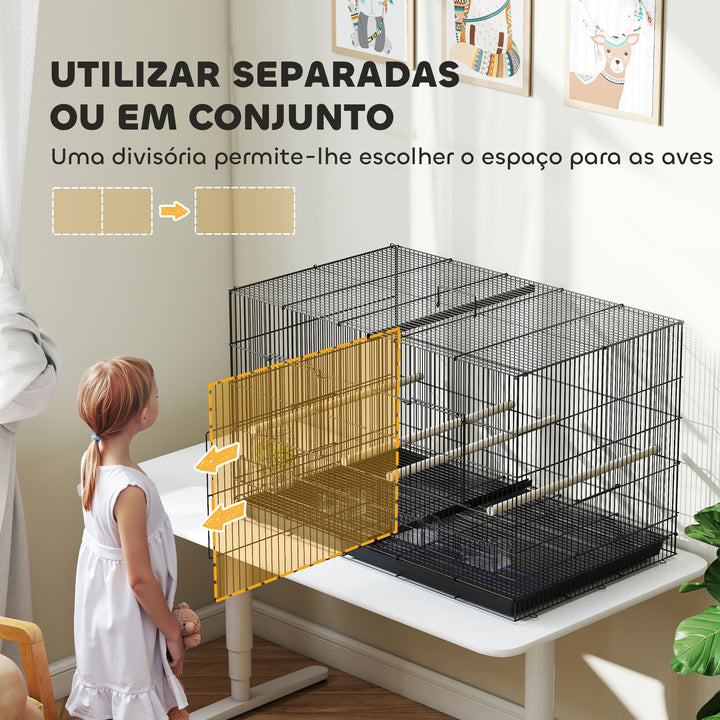 Gaiolaa para Pássaros com Divisória Gaiola para Aves Papagaios e Canários com Comedouros Poleiros e Bandeja Removível 94x57x57 cm Preto