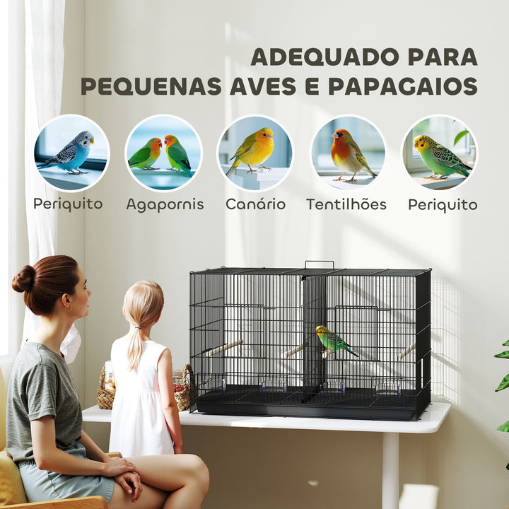 Gaiolaa para Pássaros com Divisória Gaiola para Aves Papagaios e Canários com Comedouros Poleiros e Bandeja Removível 94x57x57 cm Preto
