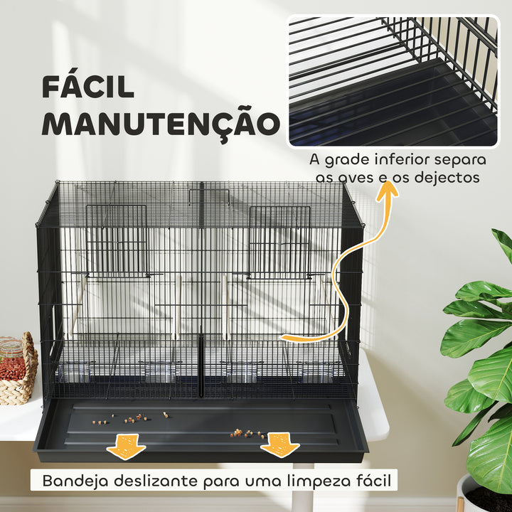 Gaiolaa para Pássaros com Divisória Gaiola para Aves Papagaios e Canários com Comedouros Poleiros e Bandeja Removível 94x57x57 cm Preto
