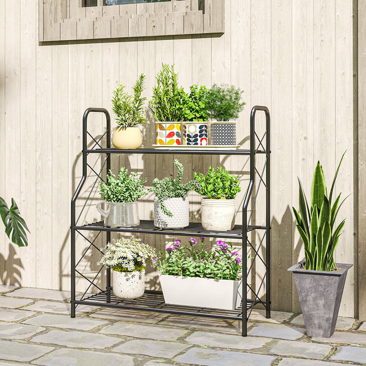 Suporte para Plantas de 3 Níveis para Interior e Exterior Estante Metálica com Pés Ajustáveis e Alças Resistente e Estável para Vasos Jardim Varanda Preto