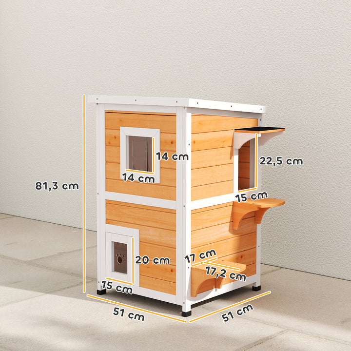 Casa para Gatos Exterior em Madeira 2 Níveis com Telhado Basculante Painel Central Removível Janelas Portas para Terraço Varanda Jardim 51x51x81,3 cm Madeira