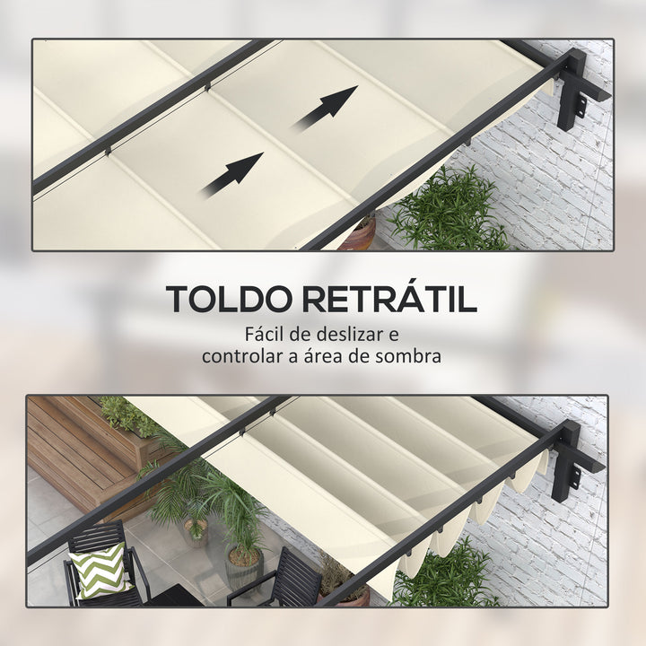 Pérgola de Parede 3x3 m Pérgola de Jardim com Teto Retrátil de Poliéster e Estrutura de Aço para Festas Casamentos Creme e Cinza Escuro