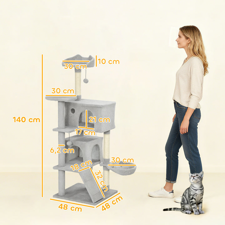 Arranhador para Gatos 140 cm Torre de Escalada com Múltiplas Plataformas Cama 2 Cavernas Rede Escada Postes de Sisal Bolas para Brincar Cinzento Claro