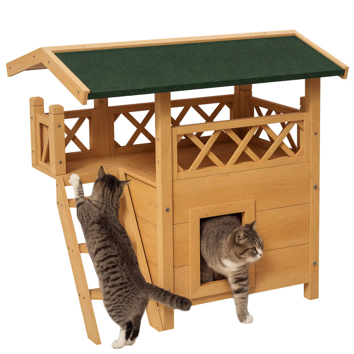 Casa para Gatos de Madeira 77x50x73 cm Casa para Gatos com 2 Níveis com Teto Asfáltico Terraço Cercado Caverna e Escada para Interior e Exterior Madeira