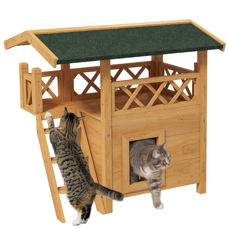 Casa para Gatos de Madeira 77x50x73 cm Casa para Gatos com 2 Níveis com Teto Asfáltico Terraço Cercado Caverna e Escada para Interior e Exterior Madeira