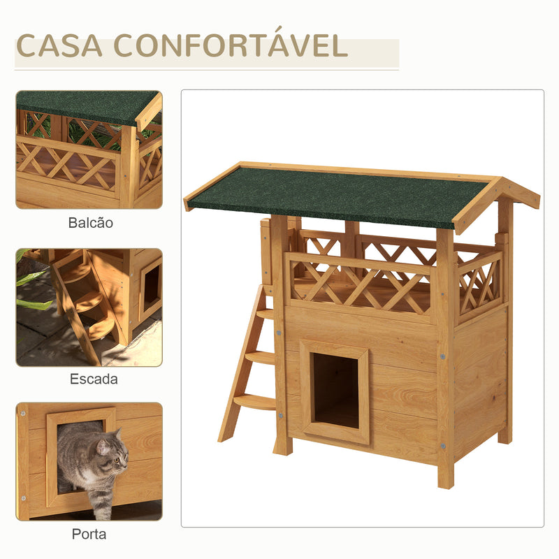 Casa para Gatos de Madeira 77x50x73 cm Casa para Gatos com 2 Níveis com Teto Asfáltico Terraço Cercado Caverna e Escada para Interior e Exterior Madeira