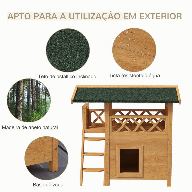 Casa para Gatos de Madeira 77x50x73 cm Casa para Gatos com 2 Níveis com Teto Asfáltico Terraço Cercado Caverna e Escada para Interior e Exterior Madeira