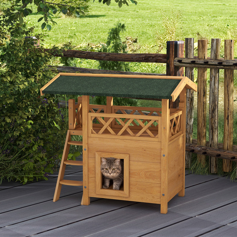 Casa para Gatos de Madeira 77x50x73 cm Casa para Gatos com 2 Níveis com Teto Asfáltico Terraço Cercado Caverna e Escada para Interior e Exterior Madeira