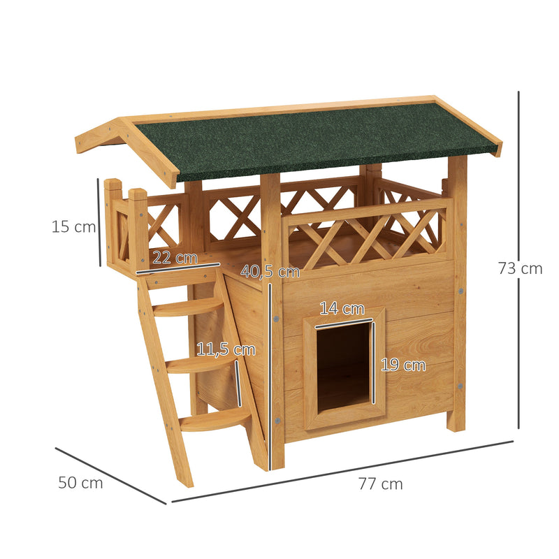 Casa para Gatos de Madeira 77x50x73 cm Casa para Gatos com 2 Níveis com Teto Asfáltico Terraço Cercado Caverna e Escada para Interior e Exterior Madeira