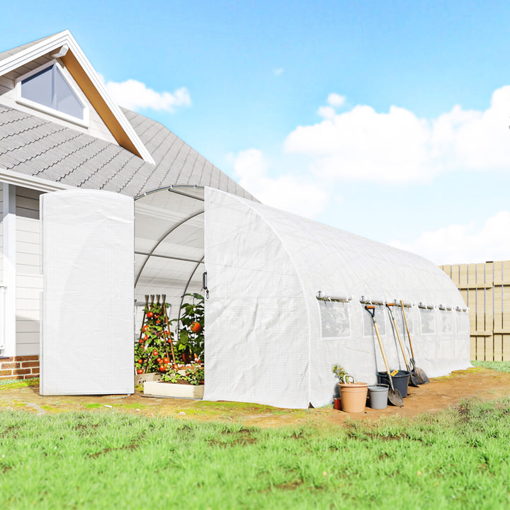 Estufa de Exterior 6x3x2 m Túnel de Cultivo com Porta de Dobradiças Janelas com Rede Cobertura de PE 140g/m² e Estrutura de Aço Galvanizado Anti-UV Impermeável para Cultivo Branco