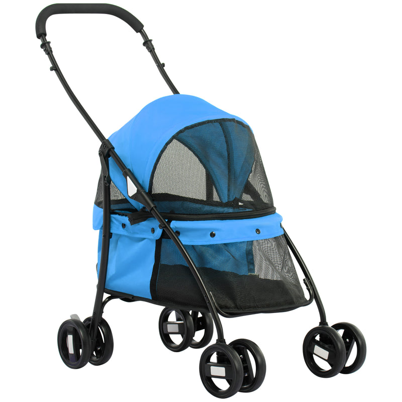 Carrinho para Animais de Estimação Dobrável Carrinho de Passeio para Cães e Gatos com Janela de Malha Almofada Lavável Arnês de Segurança e Estrutura de Aço 82x47x97cm Azul