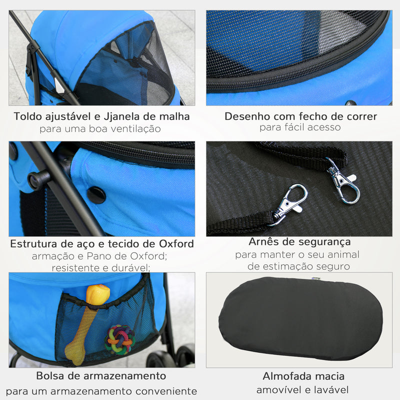 Carrinho para Animais de Estimação Dobrável Carrinho de Passeio para Cães e Gatos com Janela de Malha Almofada Lavável Arnês de Segurança e Estrutura de Aço 82x47x97cm Azul