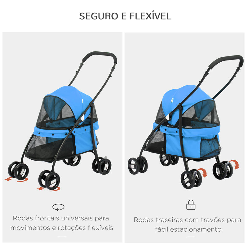 Carrinho para Animais de Estimação Dobrável Carrinho de Passeio para Cães e Gatos com Janela de Malha Almofada Lavável Arnês de Segurança e Estrutura de Aço 82x47x97cm Azul