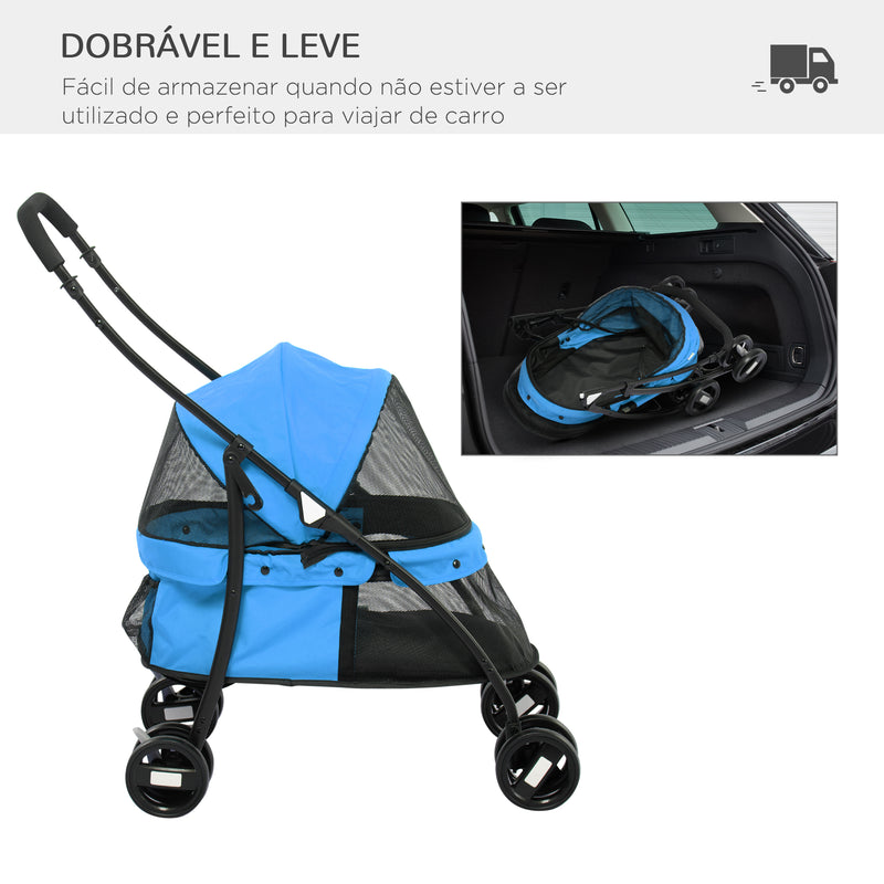 Carrinho para Animais de Estimação Dobrável Carrinho de Passeio para Cães e Gatos com Janela de Malha Almofada Lavável Arnês de Segurança e Estrutura de Aço 82x47x97cm Azul