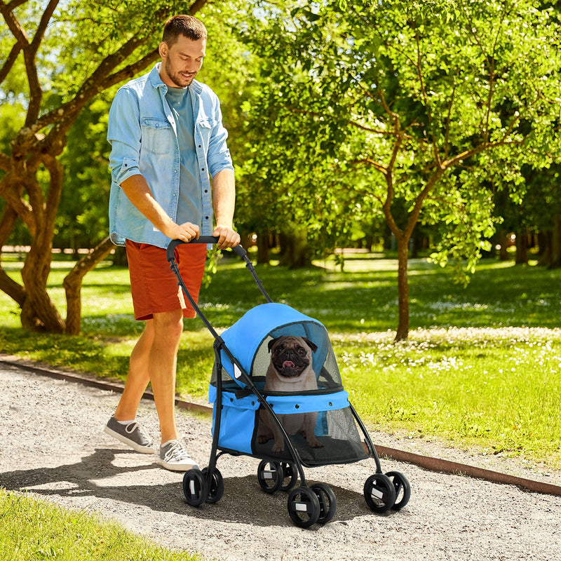 Carrinho para Animais de Estimação Dobrável Carrinho de Passeio para Cães e Gatos com Janela de Malha Almofada Lavável Arnês de Segurança e Estrutura de Aço 82x47x97cm Azul