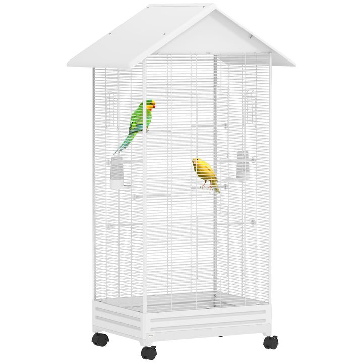 Gaiola para Pássaros com Rodas Gaiola Metálica com Bandeja Amovível 4 Portas 2 Comedouros e 8 Poleiros para Canários Periquitos 79x65x155 cm Branco