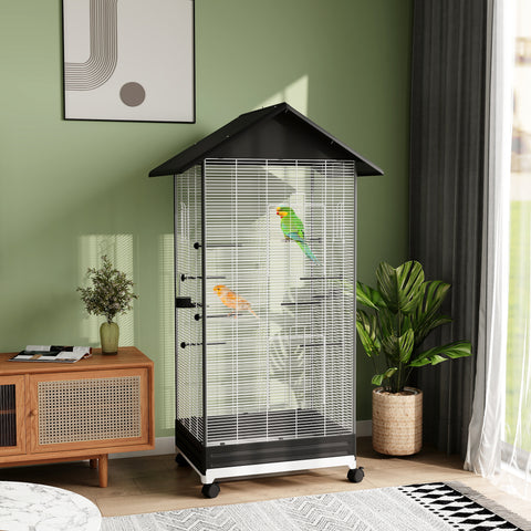 Gaiola para Pássaros com Rodas Gaiola Metálica com Bandeja Amovível 4 Portas 2 Comedouros e 8 Poleiros para Canários Periquitos 79x65x155 cm Preto