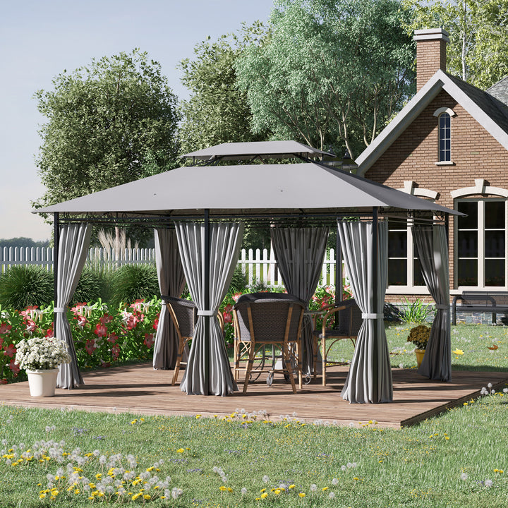 Pérgola de Jardim 3x4 m Pérgola de Exterior com Paredes Laterais Teto Duplo 6 Portas com Fecho de Correr e 8 Orifícios de Drenagem para Pátio Jardim Cinzento
