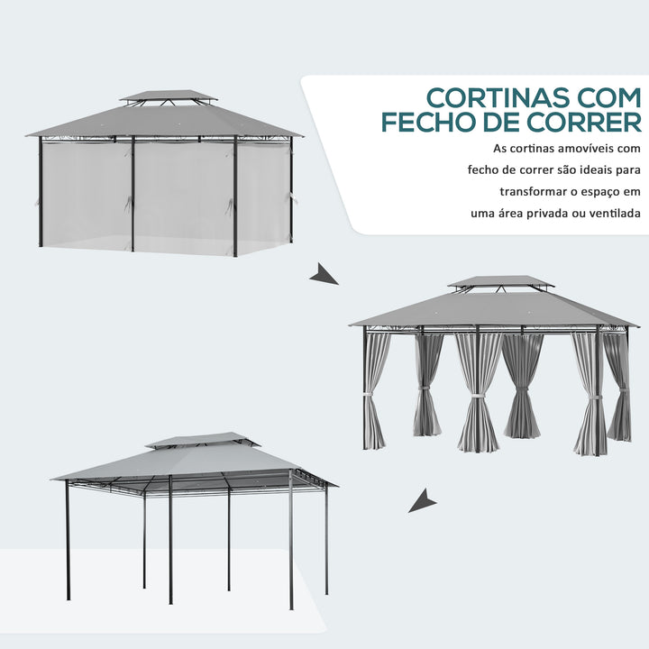 Pérgola de Jardim 3x4 m Pérgola de Exterior com Paredes Laterais Teto Duplo 6 Portas com Fecho de Correr e 8 Orifícios de Drenagem para Pátio Jardim Cinzento