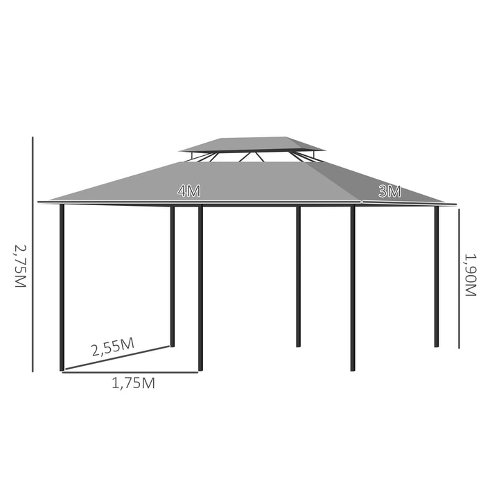 Pérgola de Jardim 3x4 m Pérgola de Exterior com Paredes Laterais Teto Duplo 6 Portas com Fecho de Correr e 8 Orifícios de Drenagem para Pátio Jardim Cinzento