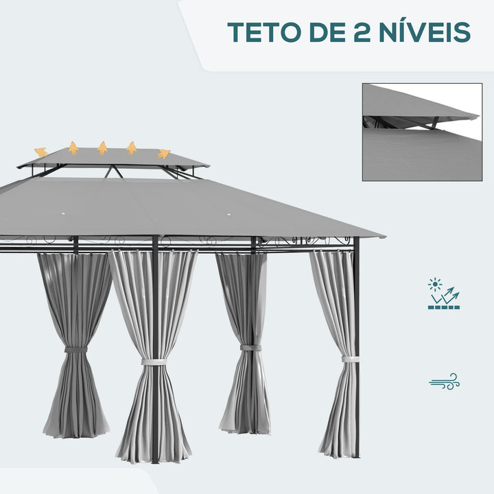 Pérgola de Jardim 3x4 m Pérgola de Exterior com Paredes Laterais Teto Duplo 6 Portas com Fecho de Correr e 8 Orifícios de Drenagem para Pátio Jardim Cinzento