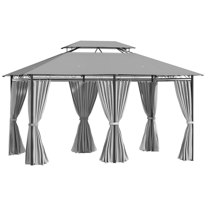 Pérgola de Jardim 3x4 m Pérgola de Exterior com Paredes Laterais Teto Duplo 6 Portas com Fecho de Correr e 8 Orifícios de Drenagem para Pátio Jardim Cinzento