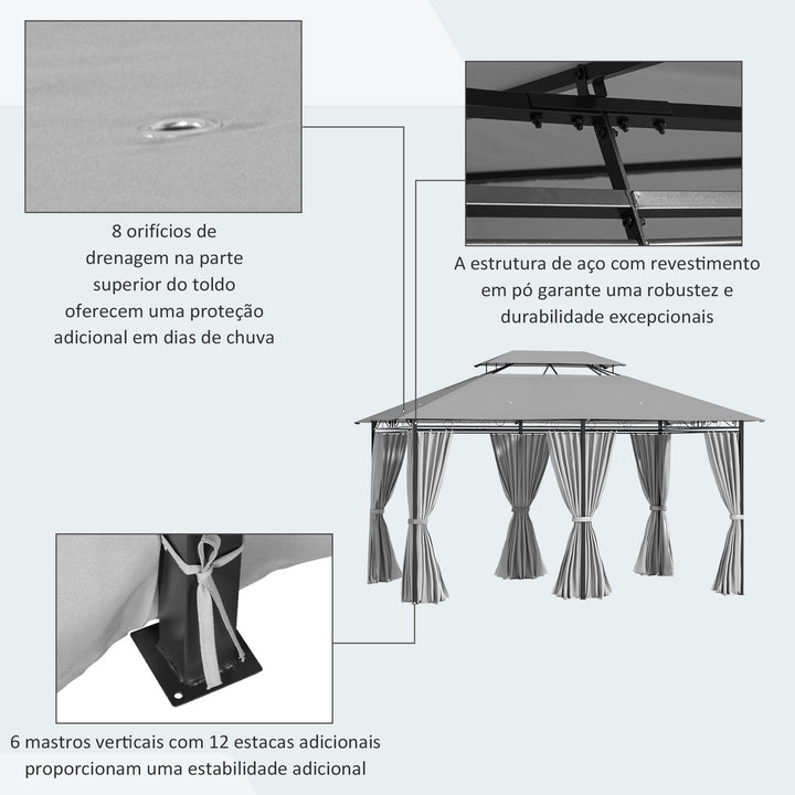 Pérgola de Jardim 3x4 m Pérgola de Exterior com Paredes Laterais Teto Duplo 6 Portas com Fecho de Correr e 8 Orifícios de Drenagem para Pátio Jardim Cinzento