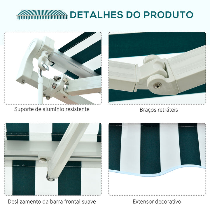 Toldo Manual Dobrável de Alumínio Toldo para Varanda com Ângulo Ajustável e Manivela para Exterior Jardim 295x250 cm Verde e Branco
