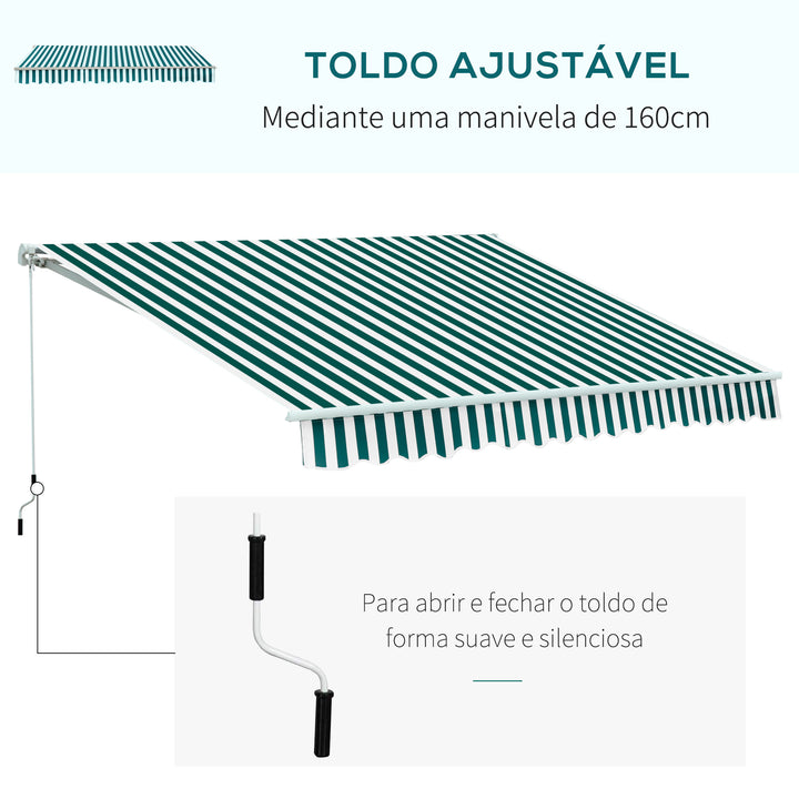 Toldo Manual Dobrável de Alumínio Toldo para Varanda com Ângulo Ajustável e Manivela para Exterior Jardim 295x250 cm Verde e Branco