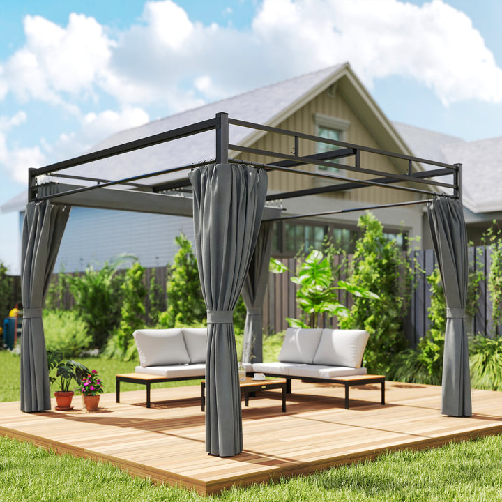Pérgola de Jardim 295x295x221 cm com Teto Retrátil e Cortinas UPF30+ Estrutura Metálica Pérgola para Exterior Cinzento Escuro