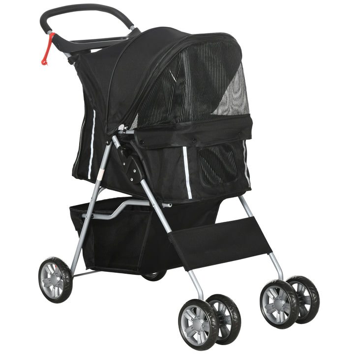 Carrinho de Passeio para Animais de Estimação Carrinho para Cães e Gatos Dobrável com Capô Ajustável Cesta de Armazenamento Suporte para Copos e Travão 75x45x97 cm Preto