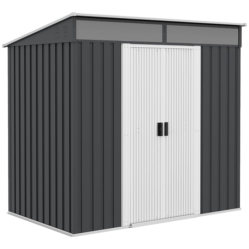 Abrigo de Jardim 2 m² 195x122x181,5 cm Abrigo de Armazenamento Metálico com Porta de Correr 2 Janelas e Anti-UV para Armazenar Ferramentas Pátio Exterior Cinza Escuro