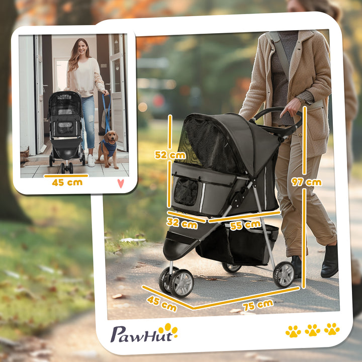 Carrinho para Animais de Estimação Dobrável Carrinho para Cães e Gatos com Rodas Giratórias Cesto e Suporte para Copos 75x45x97 cm Cinzento